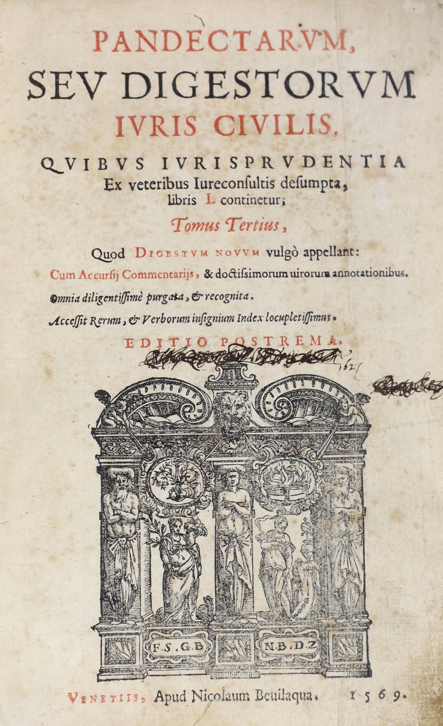 [Justinian I] - Pandectarum, sev. Digestorum Ivris Civilis, quibus Ivrisprudentia ... Vomus Vertius (only, of 4), editio postrema. folded pictorial table; (88), 1326pp.; old jap vellum-backed cloth, thick roy. 8vo. Venic